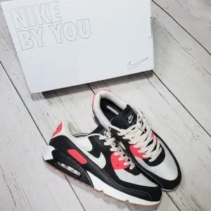 Size 13 | Nike by You Air Max 90 Premium White Red Blk Sail Gum Sole DJ2663-991 Size 13Nike by You Air Max 90 Premium White Red Blk Sail Gum  main image 3